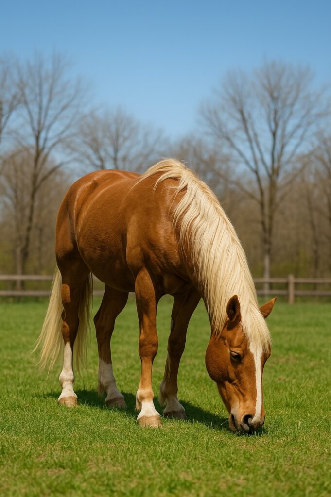 Chestnut horse with flaxen mane grazing
