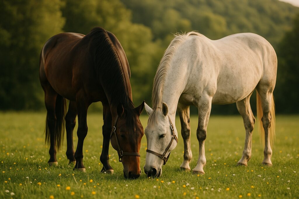 Two horses grazing in a spring meadow